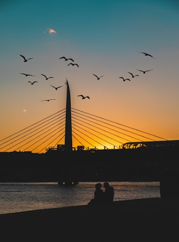 Silhouette of Bridge With Two People on Side of Body of Water