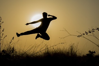 Silhouette of Man Doing Kick Jump during Sunset