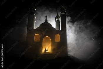 Silhouette of mosque building on toned foggy background. Ramadan Kareem background. Mosque at sunset. Praying people