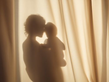 Silhouette of Mother and Baby Behind Soft Curtain