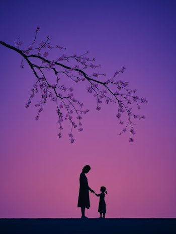 Silhouette of Mother and Daughter Under Cherry Blossom