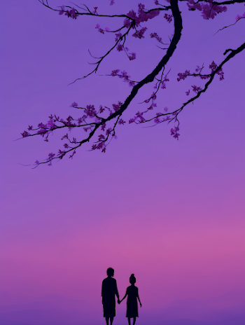 Silhouette of Mother and Daughter Under Cherry Blossoms