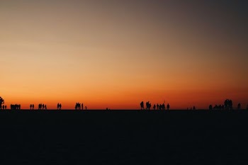 silhouette of people standing across sunset