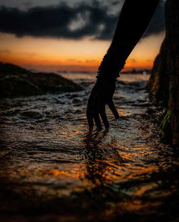 Silhouette of Person's Hand Touching Water during Sunset