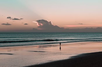 silhouette of person facing body of water on seashore