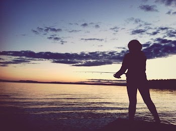 silhouette of person holding fishing rod taken at sunset