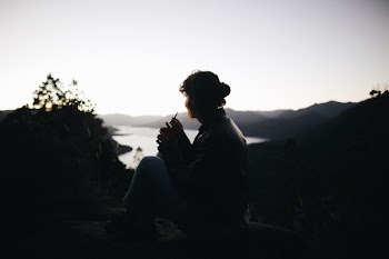 Silhouette of Person Sitting Beside Plant Across Large Body of Water