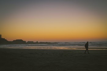 silhouette of person walking on seashore
