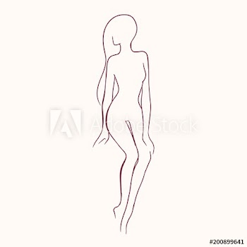 Silhouette of pretty slim nude long-haired woman hand drawn with contour lines
