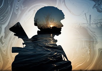 Silhouette of Soldier Against Sunset Reflection