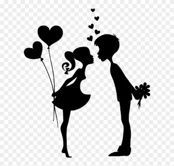 Silhouette Of Two People With Red Hearts - Silhouette Couple