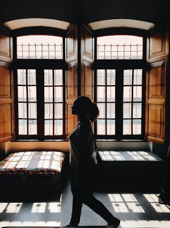 Silhouette of Woman Walking Past Windows