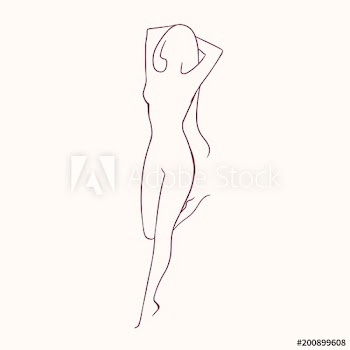 Silhouette of young long-haired naked woman standing with hands behind head drawn with contour lines