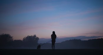 silhouette person standing holding dog