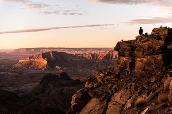 silhouette photo of man standing on top of cliff
