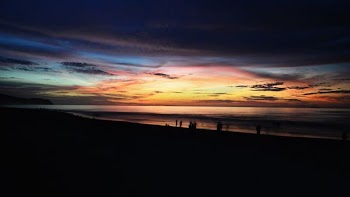 silhouette photo of person on seashore near water at golden hour