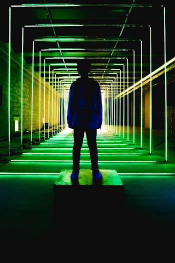 Silhouette Photo of Person Standing in Neon Lit Hallway