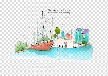 Silhouette Watercolor painting Building Illustration, Watercolor blue sea landscape transparent background PNG clipart