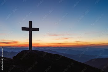 Silhouettes of crucifix symbol on the top of mountain layers line and colorful sky b