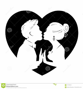 Silhouettes Of Loving Couple On Background Of Big Heart. Guy And ...