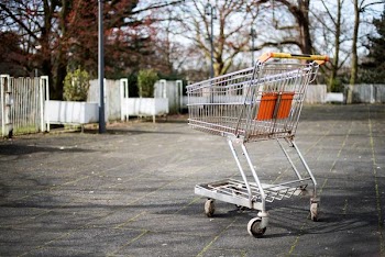 silver metal shopping cart on gray pavement near white fences