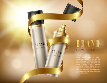 Silver spray bottles in a realistic style on background with golden ribbon and bokeh effect Free Vector