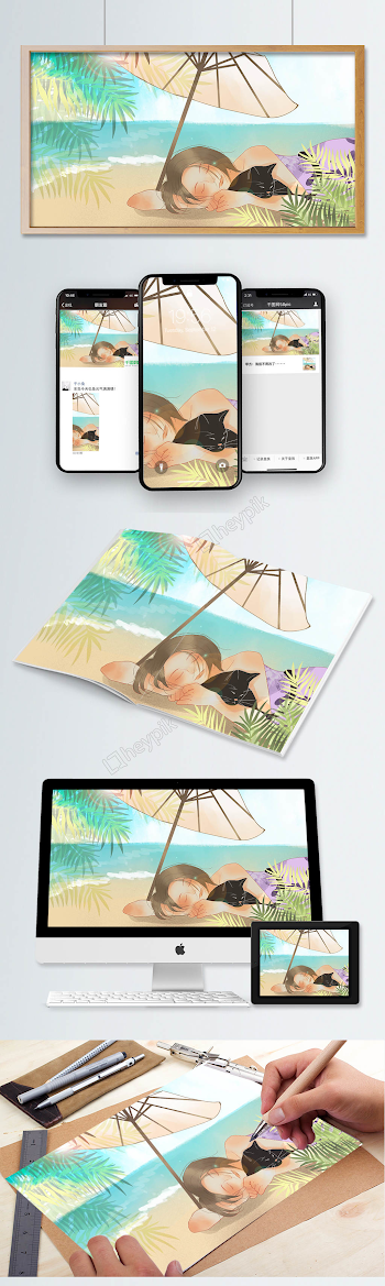 Simple And Fresh Girl Lying On The Beach Holding A Black Cat ...