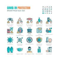 Simple Set of Covid-19 Protection Flat Icons. Icons as Guidance Protective Measures, Coronavirus Prevention, Hygienic Healthcare, Solution, Awareness, Hands Wash, Wear Face Mask etc. 64x64 Pixel Free Vector