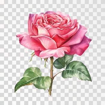 Single Pink rose in watercolor PNG transparent background