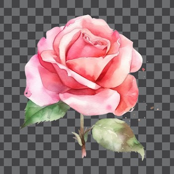 Single Pink rose in watercolor PNG transparent background