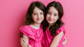 Sisters Embracing in Pink