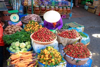 Sitting Woman Surrounded by Boxes and Basket of Vegetables