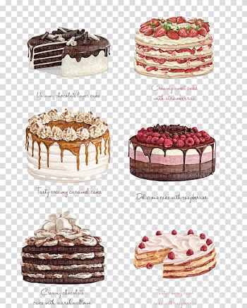 Six assorted cakes, Chocolate cake Strawberry cake Torte Angel food cake, Watercolor cake transparent background PNG clipart