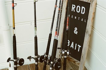 Six Assorted Fishing Rods Beside Rod Rental &amp; Bait Signage