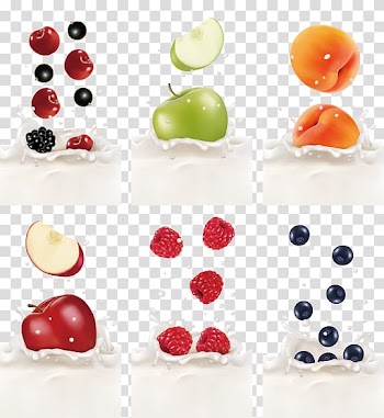 Six assorted-fruit illustration against blue background, Frutti di bosco Milk Fruit Banner, Milk fruit transparent background PNG clipart