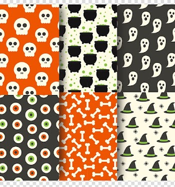 Six assorted panel designs, Halloween Jack-o'-lantern Textile Pattern, Cute Halloween seamless background transparent background PNG clipart