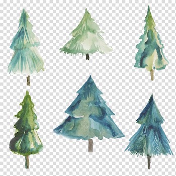 Six green trees illustration, Christmas tree Watercolor painting, Watercolor Christmas tree transparent background PNG clipart