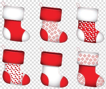 Six red-and-white christmas socks illustration, Christmas ing , Christmas Stokings Collection transparent background PNG clipart