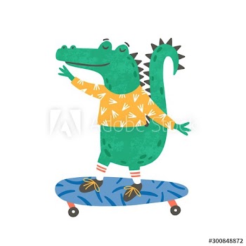 Skating little crocodile flat vector illustration