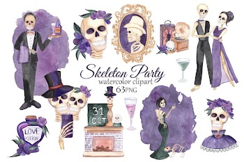 Skeleton Clipart. Halloween Party. Watercolor Skull Clipart