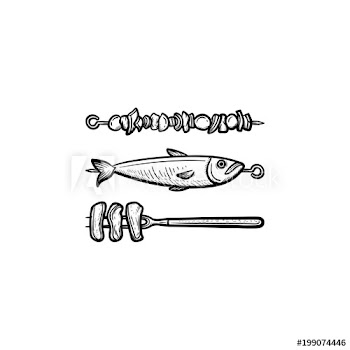 Skewer with shish kebab and grilled fish hand drawn outline doodle icon