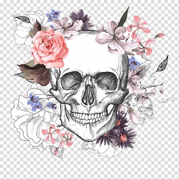 Skull and pink and white flowers illustration, Calavera Skull Flower Day of the Dead, Skull with flowers transparent background PNG clipart