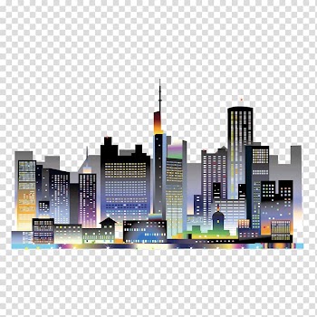 Skyscraper illustration, Landscape Euclidean Night sky, cartoon lights bright city night sky landscape transparent background PNG clipart