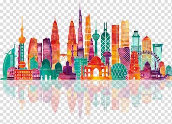 Skyscrapers panoramic , Asia Map Illustration, Colorful city building silhouettes transparent background PNG clipart