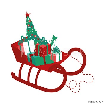 sled santa carriage with pine tree and gifts