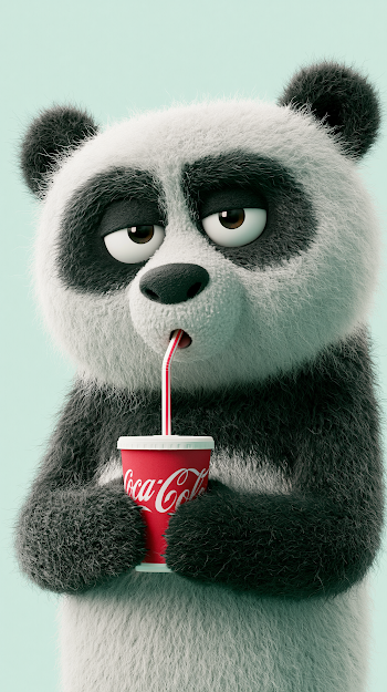 Sleepy Panda Drinking Cola with Long Straw
