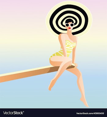 slender woman dressed in swimsuit with big hat