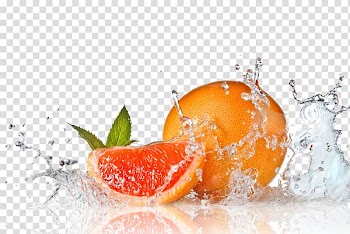 Sliced grapefruit with splash of water illustration, Fruit Orange , Oranges and water transparent background PNG clipart