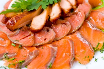 sliced smoked salmon and meat
