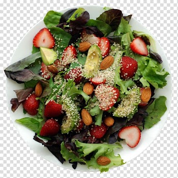 Sliced strawberry and vegetables in plate, Spinach salad Fruit salad Avocado salad Strawberry, Salad transparent background PNG clipart
